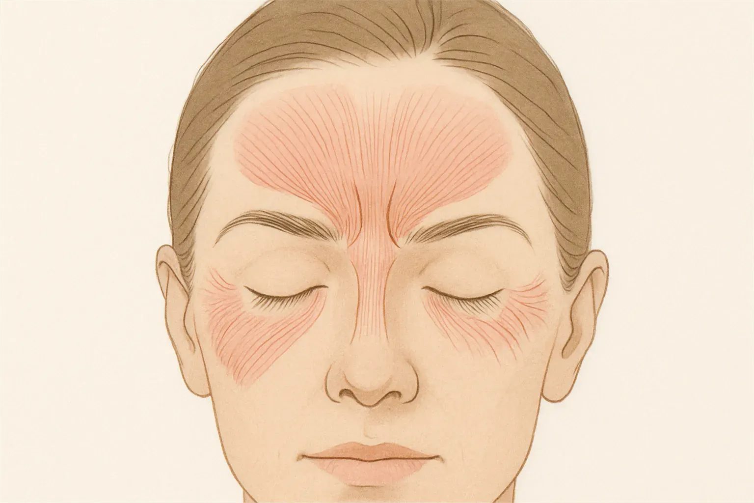 طرح شماتیک ساده از عضلات صورت مرتبط با خطوط پیشانی، خط اخم و خطوط کنار چشم